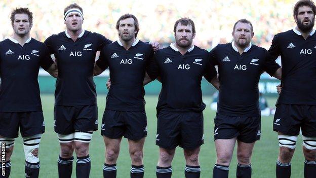 New Zealand players (from left) Richie McCaw, Kieran Read, Conrad Smith, Andrew Hore, Tony Woodcock and Sam Whitelock line up for the national anthem