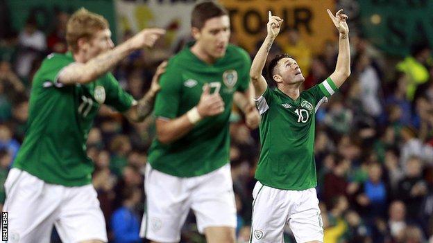 The Republic of Ireland's Robbie Keane celebrates scoring against Latvia