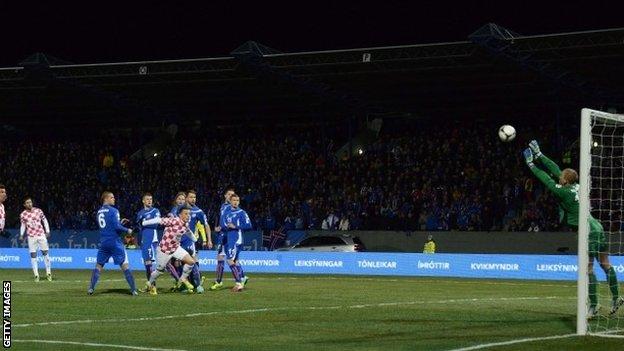 Iceland's goalkeeper Hannes Thor Halldorsson (right) makes a save during the first-leg World Cup 2014 play-off v Croatia