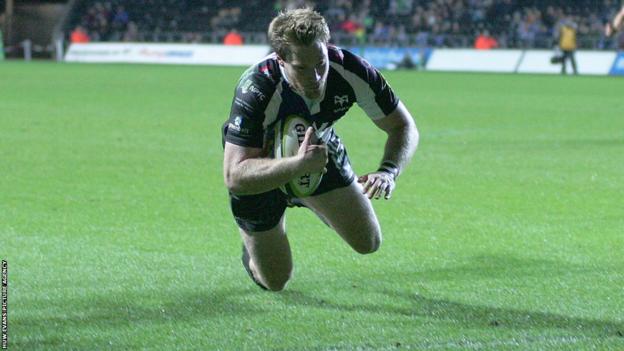Captain Jonathan Spratt scores a try for the Ospreys in the 21-13 LV=Cup defeat to the Cardiff Blues