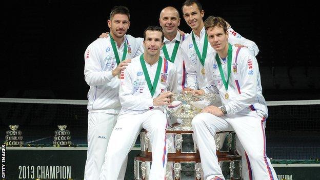 The winning Davis Cup team, Czech Republic, with their trophy