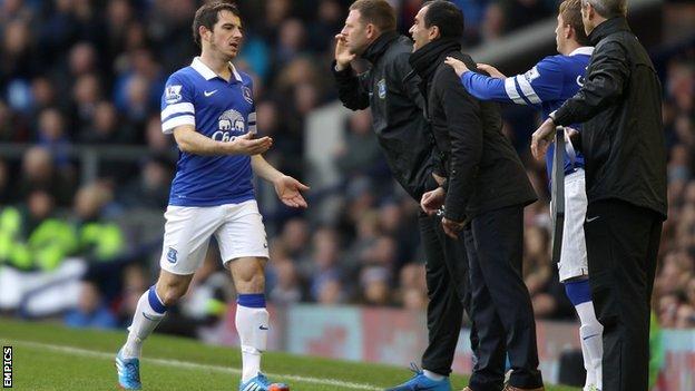 Everton left-back Leighton Baines came off injured after 50 minutes in the 3-3 draw with Liverpool