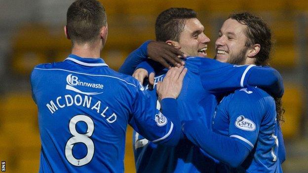 St Johnstone's Sanel Jahic is mobbed by teammates after his goal