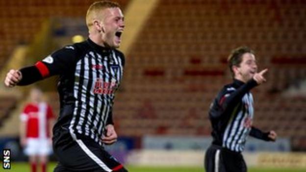 Ryan Thomson celebrates after scoring for Dunfermline against Ayr United
