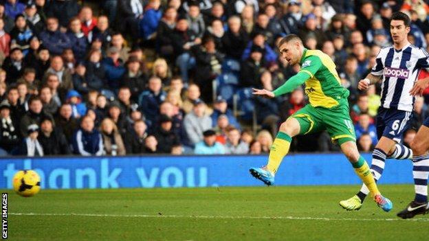 Gary Hooper fires Norwich ahead against West Brom at the Hawthorns