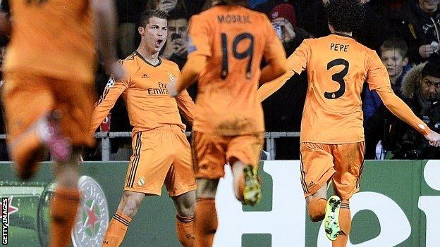 Real Madrid's Cristiano Ronaldo celebrates scoring against Copenhagen