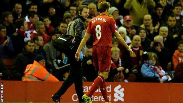 Liverpool captain Steven Gerrard walks off after getting injured in the game against West Ham
