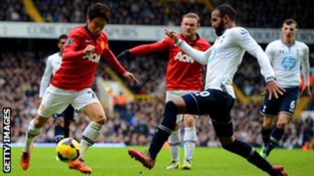 Sandro challenges Shinji Kagawa during the Barclays Premier League Match between Tottenham Hotspur and Manchester United.