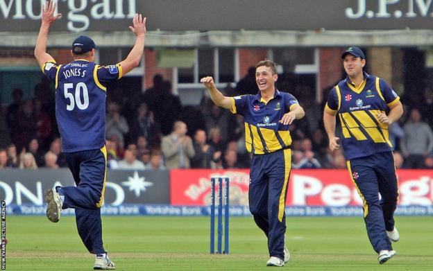 Glamorgan bowler Andrew Salter celebrates with Simon Jones taking the wicket of Nottinghamshire’s Samit Patel in the YB40 final at Lord's. But the Welsh county lost the game by 87 runs.