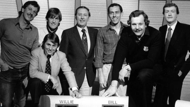 David Coleman at Question of Sport with Ian Botham, Willie Carson, Kenny Dalglish, Bill Beaumont, Steve Ovett, and Steve Davis
