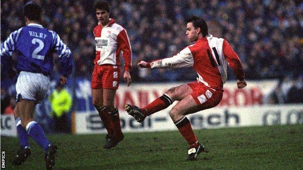 Jon Purdie lets fly against Birmingham City at St Andrew's, January 1994