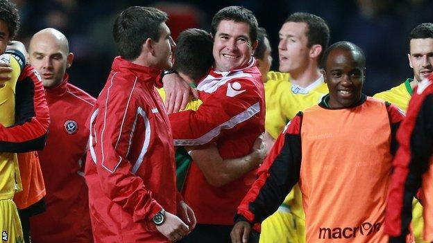 Sheffield United manager Nigel Clough (centre) celebrates after his side's FA Cup win over Aston Villa