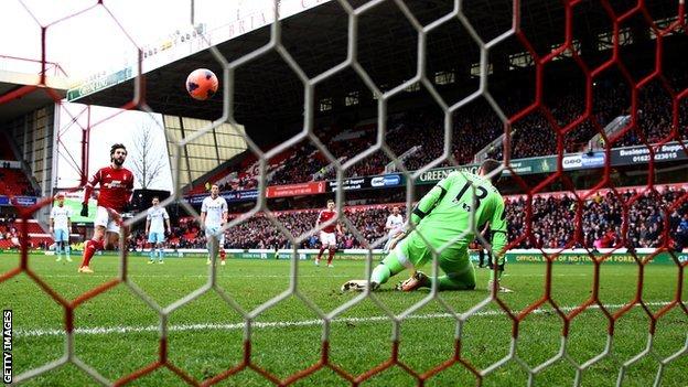 Djamel Abdoun scores a penalty for Nottingham Forest against West Ham