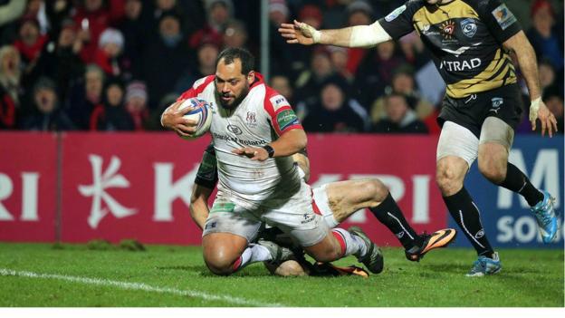 John Afoa prepares to touch down for Ulster's third try against Montpellier in the Heineken Cup Pool 5 clash in Belfast
