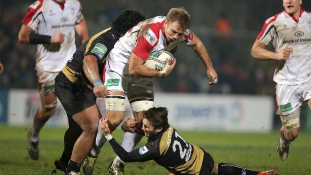 Number eight Roger Wilson makes ground for Ulster during their 27-16 victory at Ravenhill