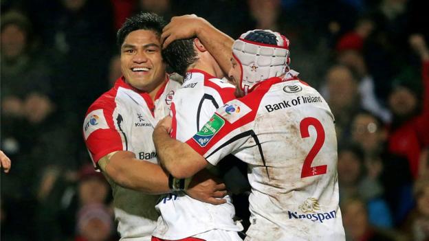 Ulster forwards Nick Williams and Rory Best congratulate try-scorer Ruan Piennar