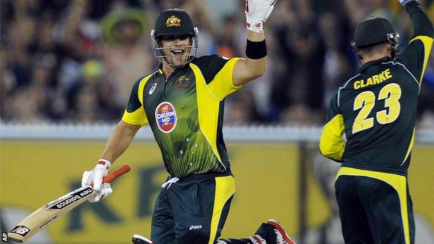 Australia batsman Aaron Finch and captain Michael Clarke batting against England