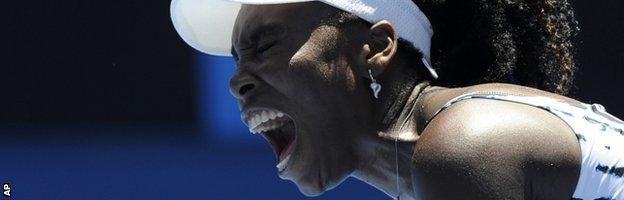 Venus Williams lets out an anguished cry during her defeat by Ekaterina Makarova