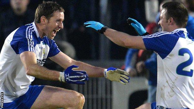 Ballinderry players Enda Muldoon and Darren Conway celebrate after winning the Ulster title