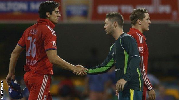 England captain Alastair Cook shakes hands with his Australian counterpart Michael Clarke