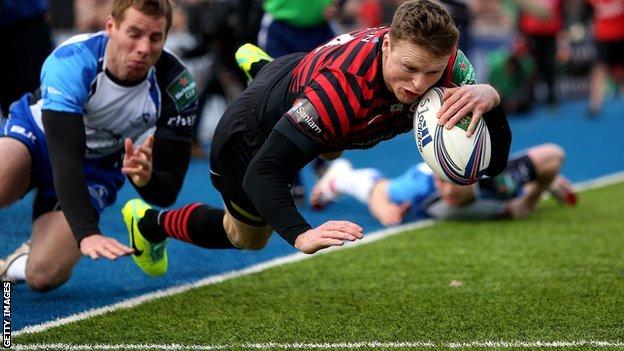 Chris Ashton dives over to score Saracens' first try in the win over Connacht