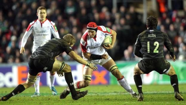 Johann Muller prepares to drive into Leicester's Jamie Gibson as Ulster secure a home Heineken Cup quarter-final
