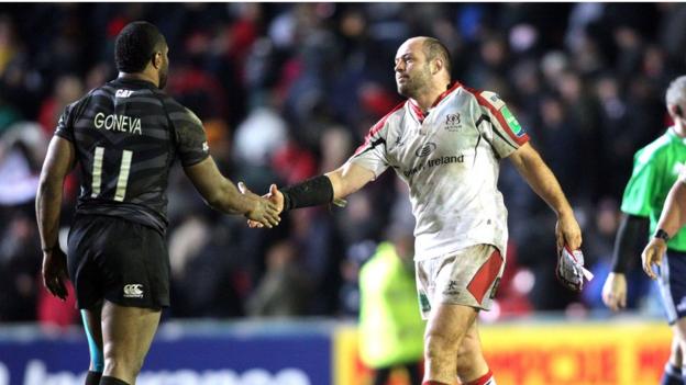 Leicester wing Vereniki Goneva shakes hands with Ulster skipper Rory Best after the match