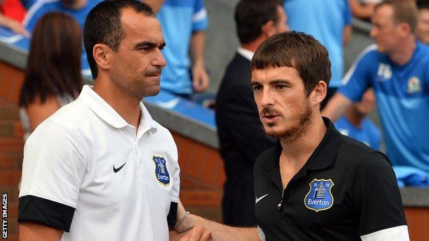 Everton manager Roberto Martinez (left) and left-back Leighton Baines
