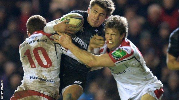 Leicester 10 Toby Flood is tackled by Paddy Jackson and Andrew Trimble of Ulster
