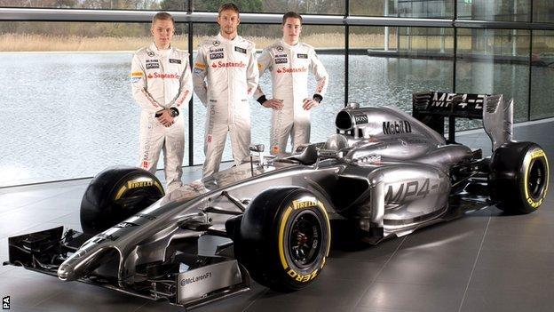McLare's new MP4-29 with drivers Kevin Magnussen , Jenson Button and Stoffel Vandoorne