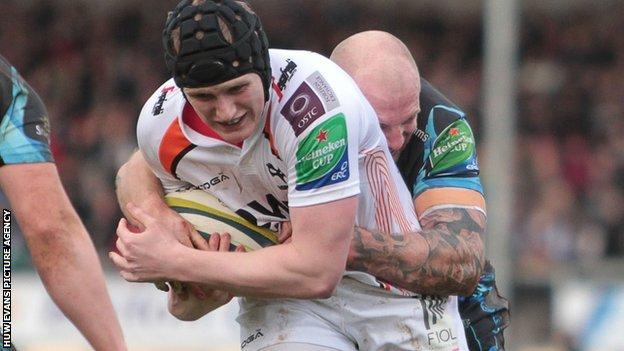 Dafydd Howellss powers through to score Ospreys' first try