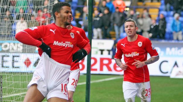 Substitute Fraizer Campbell celebrates after scoring the goal which secured Cardiff City’s 1-0 win over Bolton and a place in the fifth round of the FA Cup.
