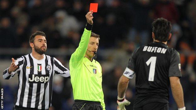 Juventus goalkeeper Gianluigi Buffon is sent off against Lazio.