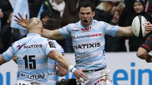 Wales scrum-half Mike Phillips celebrates after scoring a try in Racing Metro’s 25-5 win over Toulouse in the Top 14.