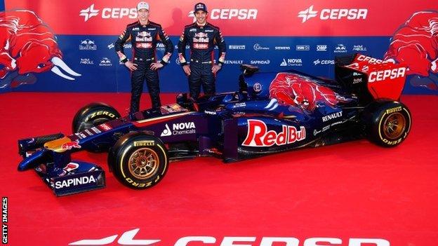 Toro Rosso drivers Daniil Kvyat (left) and Jean-Eric Vergne launch new Toro Rosso F1 car