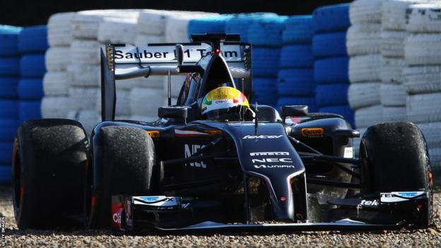 Esteban Gutierrez of Mexico and Sauber F1 goes off into a gravel trap while driving during day two of testing at Jerez