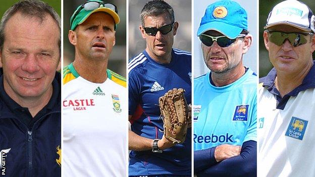 (left to right) Mick Newell, Gary Kirsten, Ashley Giles, Graham Ford, and Tom Moody