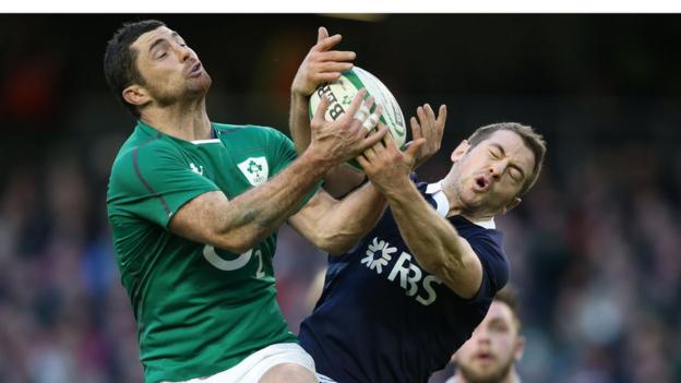Rob Kearney and Greig Laidlaw in action during Ireland's convincing win over Scotland in Dublin