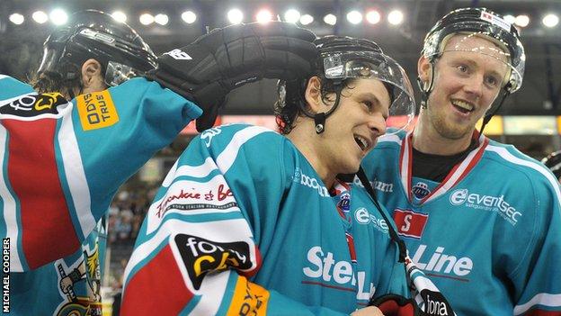 Craig Peacock is congratulated after his two goals helped Belfast Giants beat Sheffield on Sunday