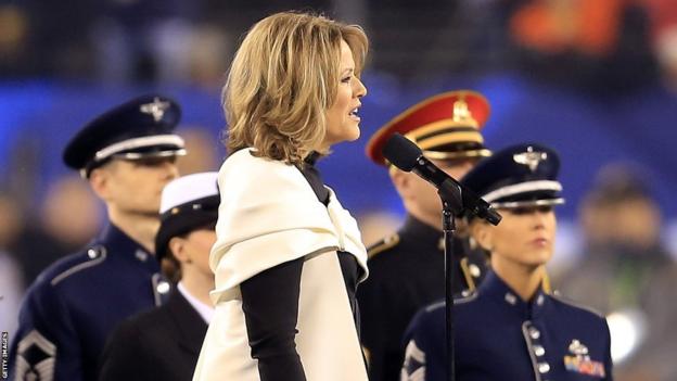 Opera singer Renee Fleming sings the national anthem before the Seattle Seahawks take on the Denver Broncos during Super Bowl XLVIII at MetLife Stadium
