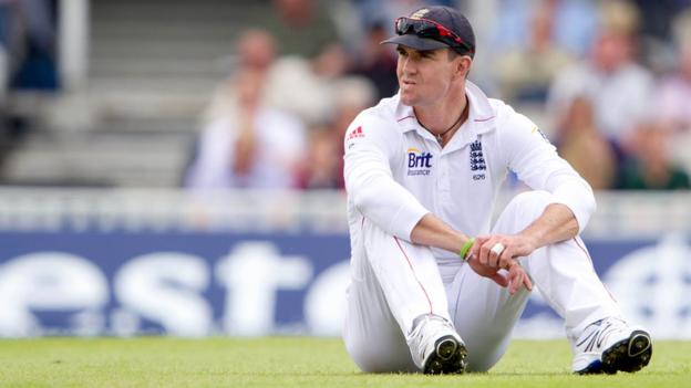 Kevin Pietersen sits on the pitch during the third day of the first Test against South Africa at the Oval in July 2012