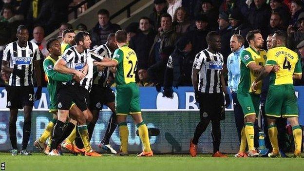 Norwich and Newcastle players clash at Carrow Road on 28 January