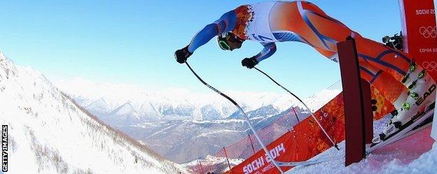 Aksel Lund Svindal pushes out of the start gate during a training run in Sochi