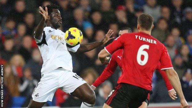 Wilfried Bony in action against Cardiff