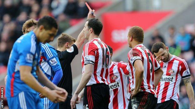 Sunderland defender Wes Brown is sent off for the third time this season.