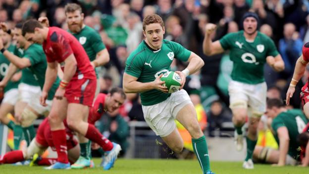 Paddy Jackson prepares to touch down for Ireland's second try during the second half in Dublin