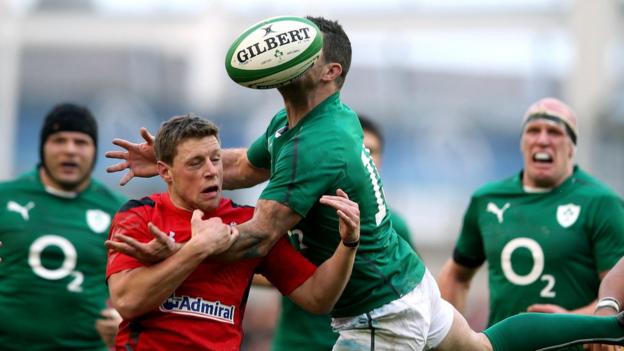 Rhys Priestland challenges for the ball as Ireland overcome Wales in a keenly anticipated Six Nations clash