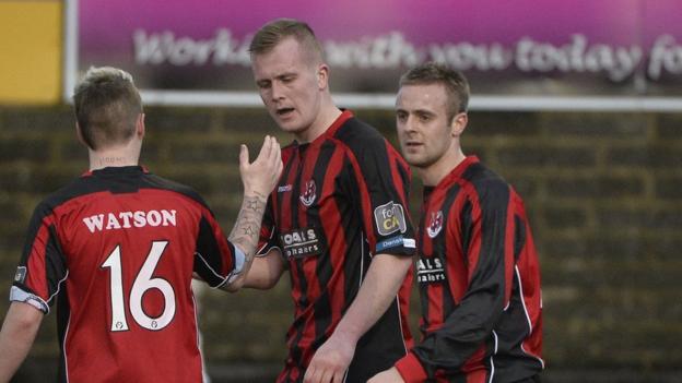 Aidan Watson and debutant Richard Clarke congratulate Crusaders hat-trick hero Jordan Owens