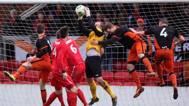 Goalmouth action from the sixth round tie between Ballyclare Comrades and Carrick Rangers