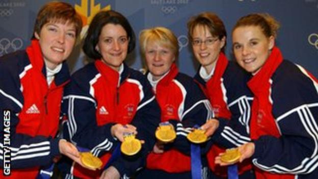 Rhona Martin and team-mates celebrate their gold medal in 2002
